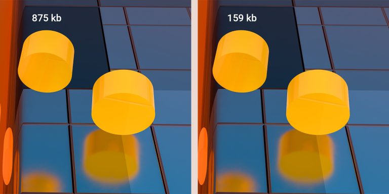 Twee keer dezelfde afbeelding met dezelfde kwaliteit naast elkaar. Voor compressie 875 kilobytes en na compressie 72 kilobytes.